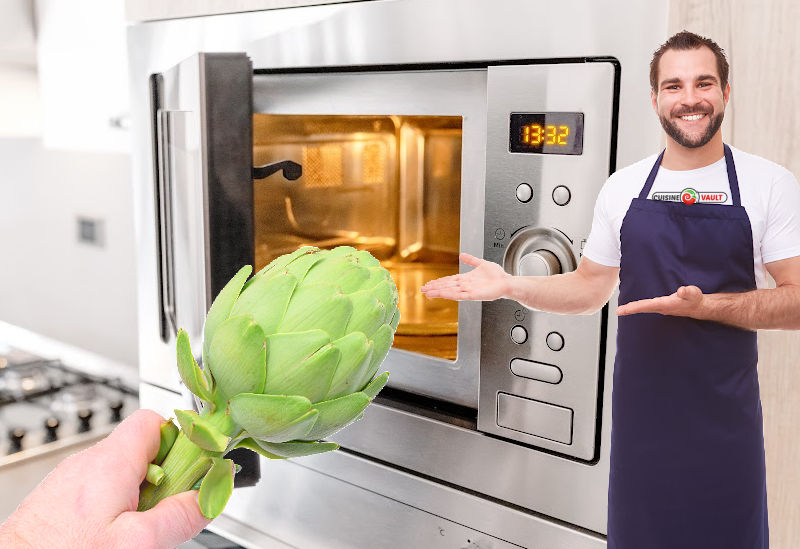 Holding an artichoke next to the microwave