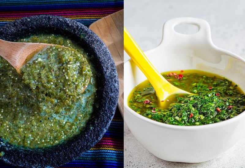 Salsa verde and chimichurri in small bowls