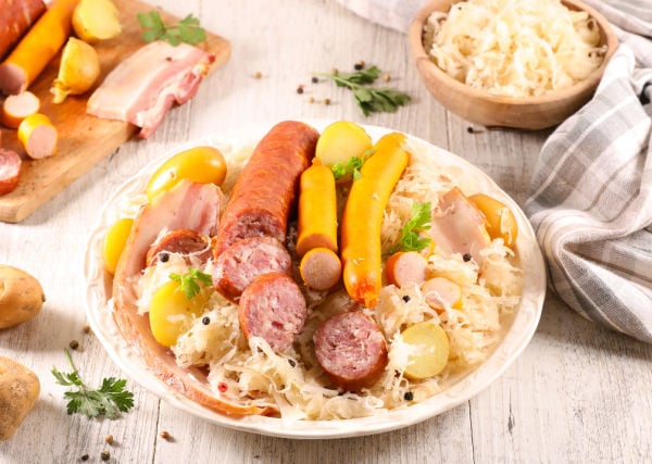 Sausages and sauerkraut on a plate