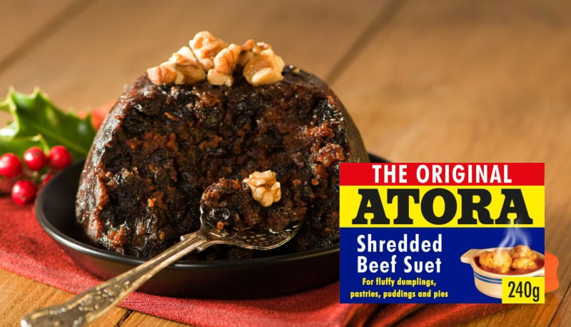 Christmas pudding next to a packet of suet