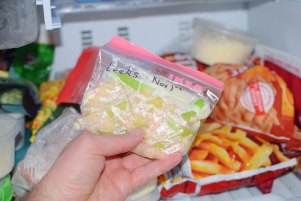 Leeks in a ziplock bag ready being placed in the freezer