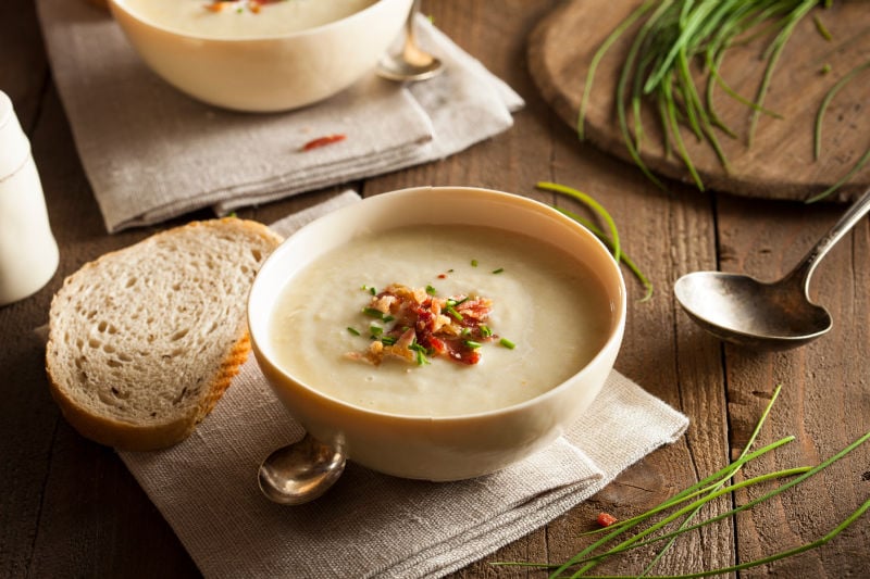 Potato and leek soup in a bowl