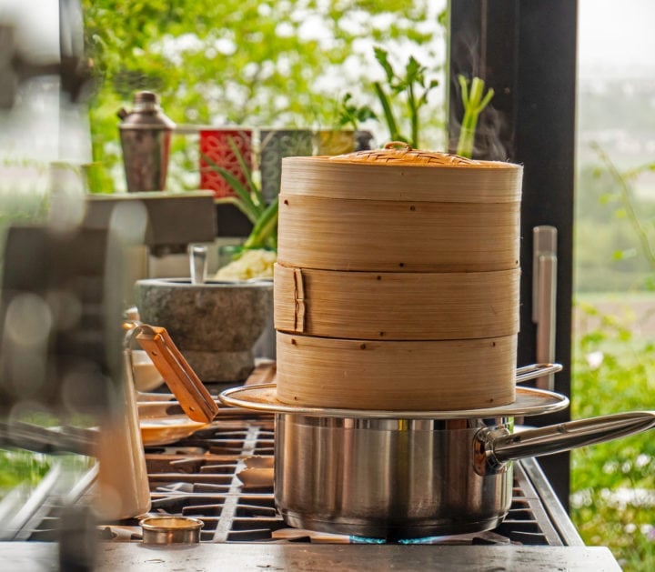 a four tier bamboo steamer