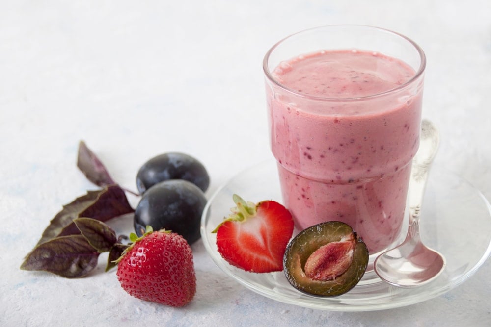 Smoothie with Strawberries and Plums and Yogurt