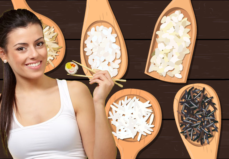 Woman with sushi roll standing next to different types of rice