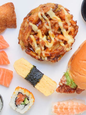 Top down show of multiple types of sushi