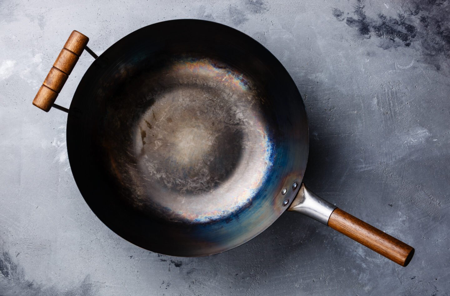 Wok,Pan,With,Wooden,Handle,Empty,On,Gray,Concrete,Background