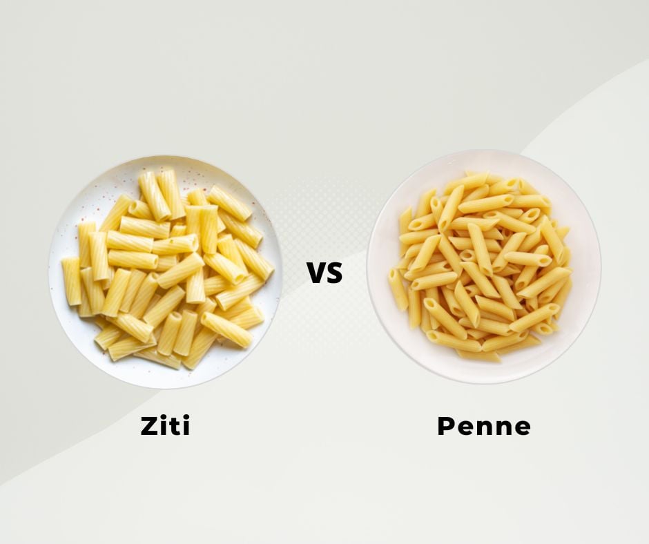 plates of ziti and penne pasta side by side comparison