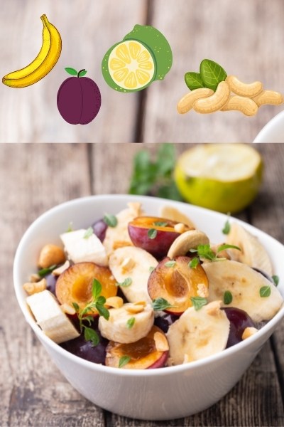 Plum and Banana Salad with Lime Dressing and Cashews