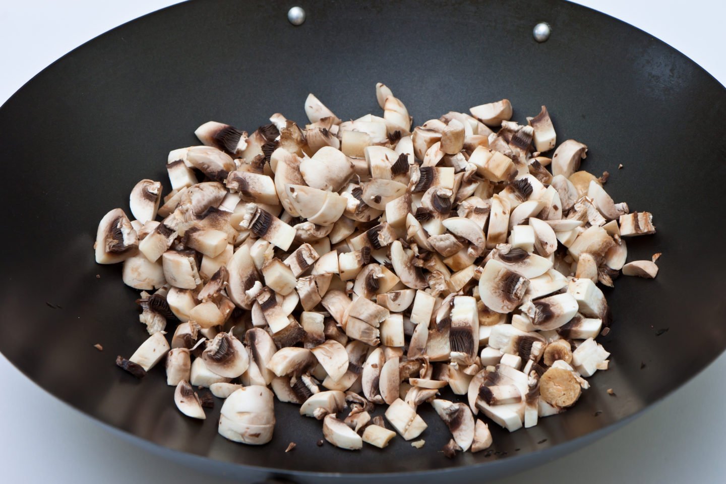 chopped mushrooms in wok