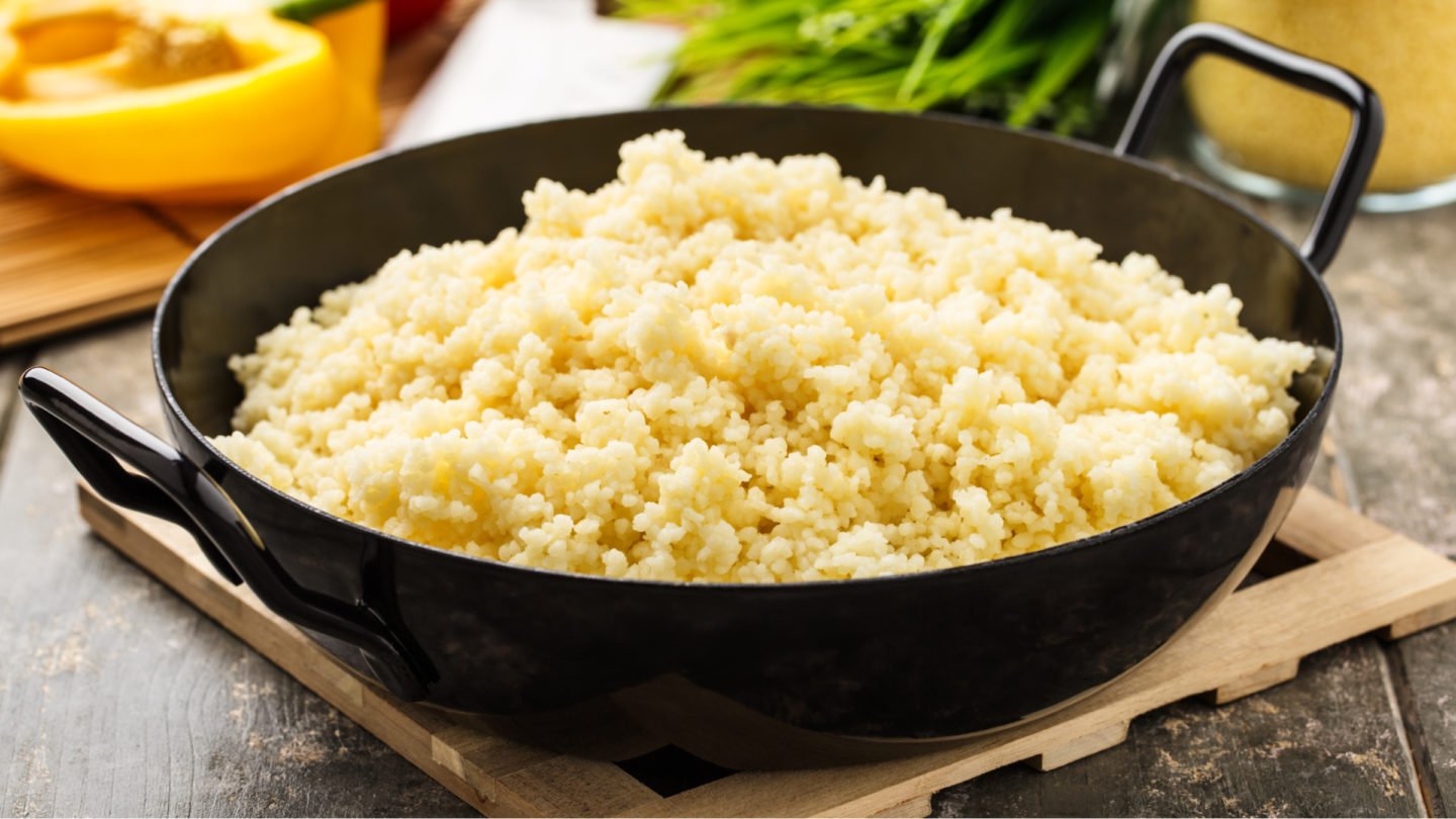 freshly cooked couscous in a pan