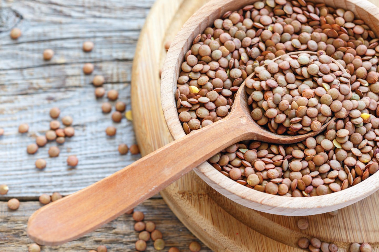 lentils in big wooden bowl