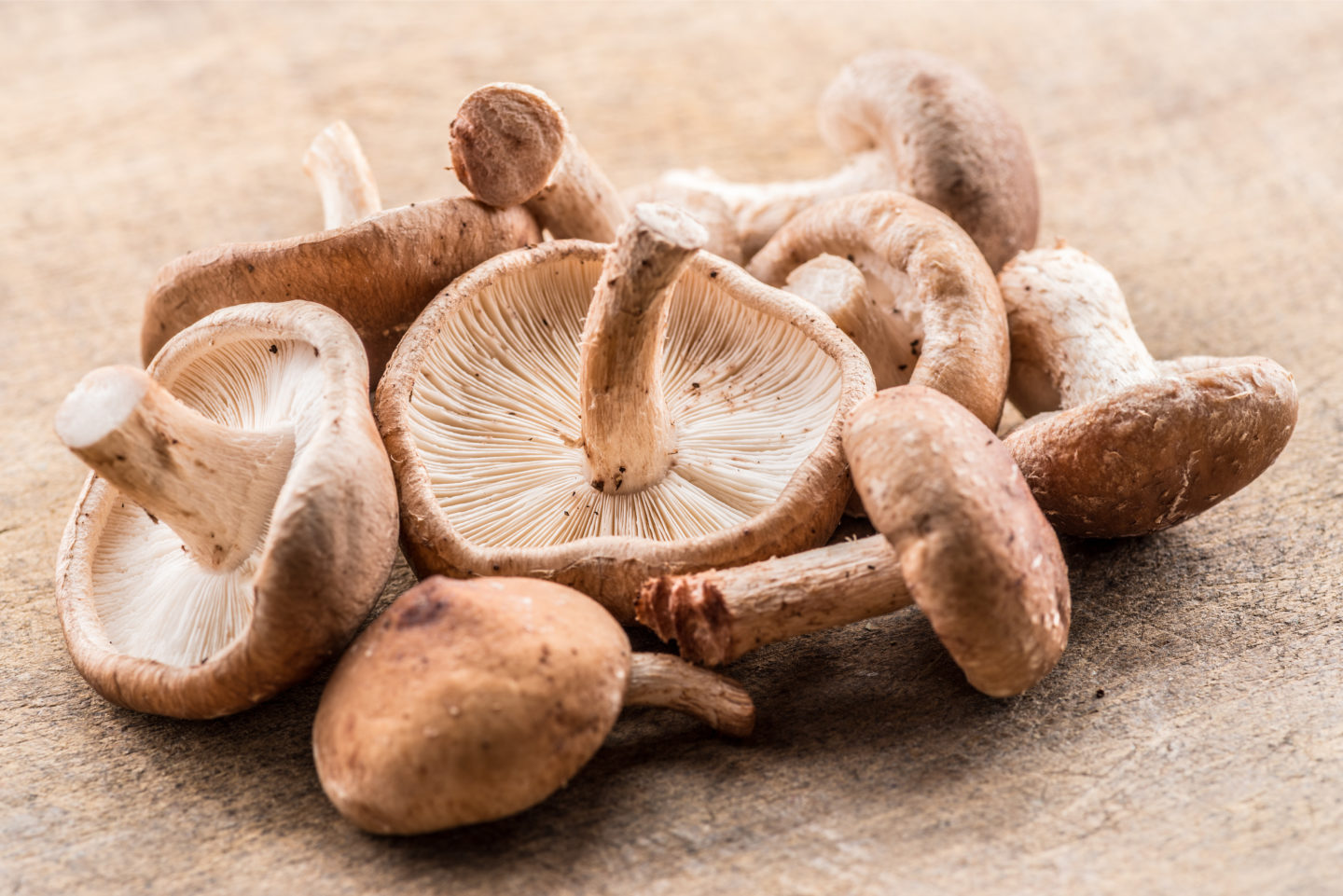 bunch of raw shiitakes on wood