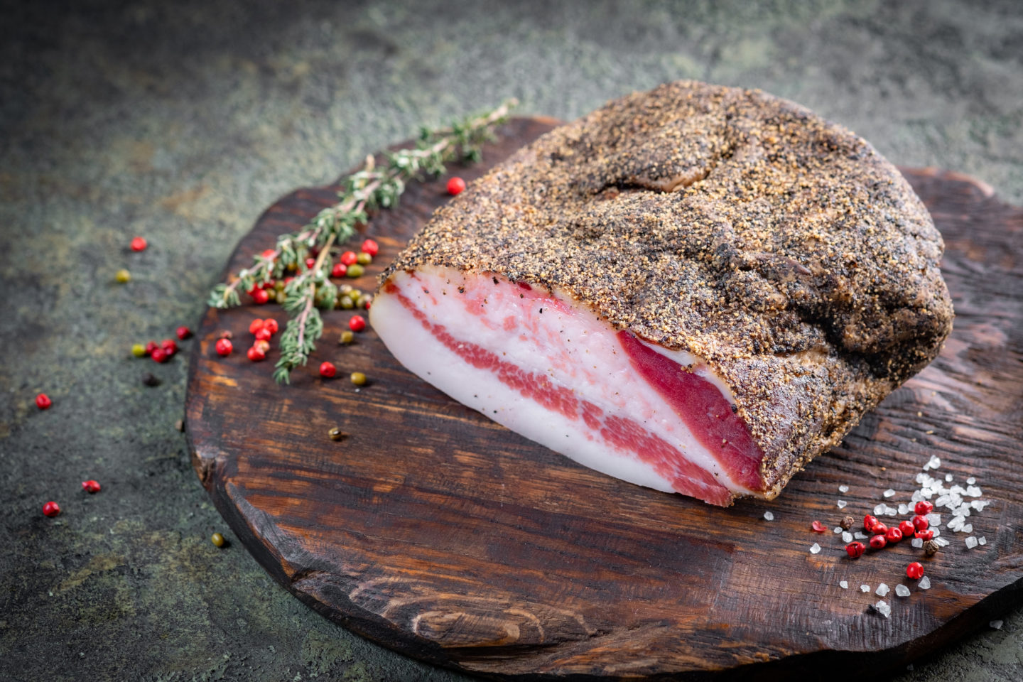 whole block of guanciale on cutting board