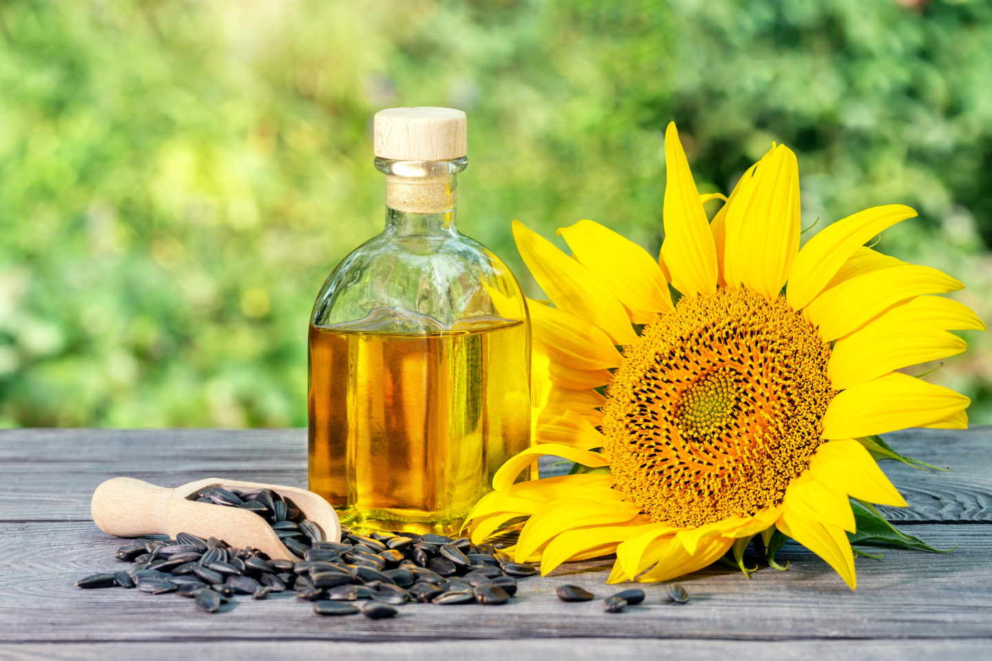 Bottle Of Sunflower Oil Beside Sunflower And Seeds