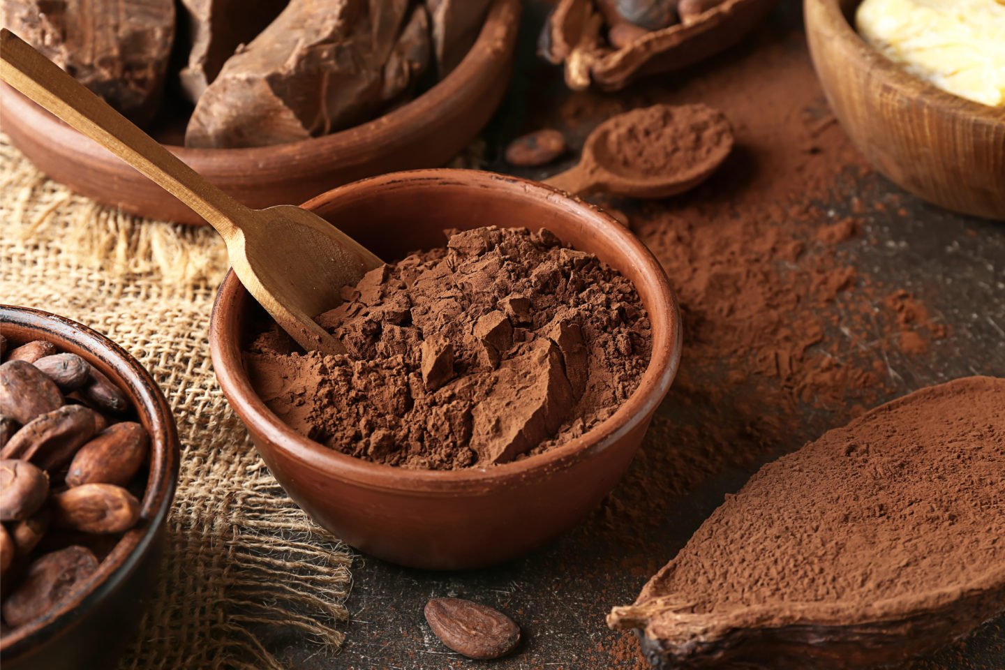 bowl of cocoa powder on table