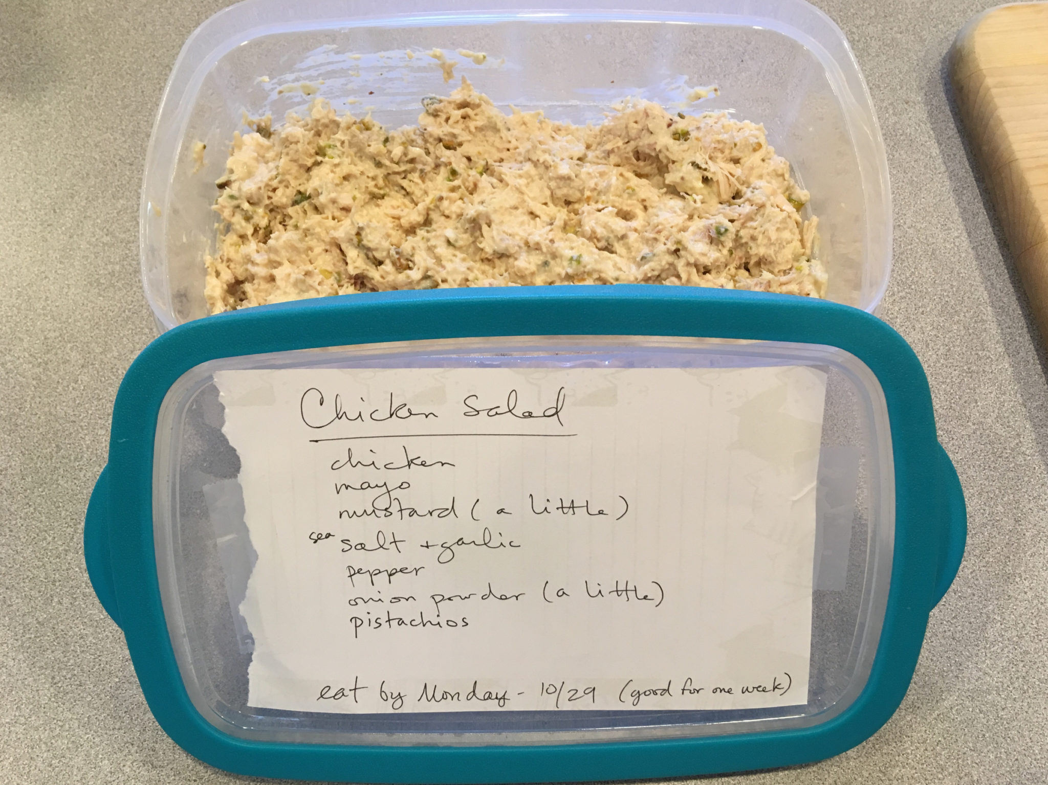 homemade chicken salad with label