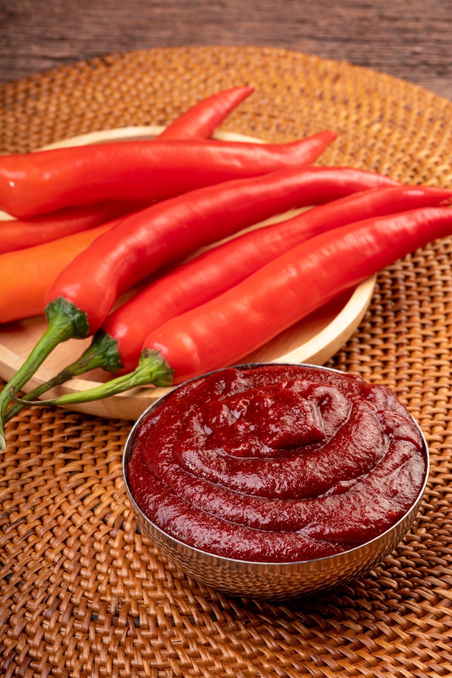 Korean,Pepper,Paste,And,Red,Pepper,In,Wooden,Plate,,Gochujang