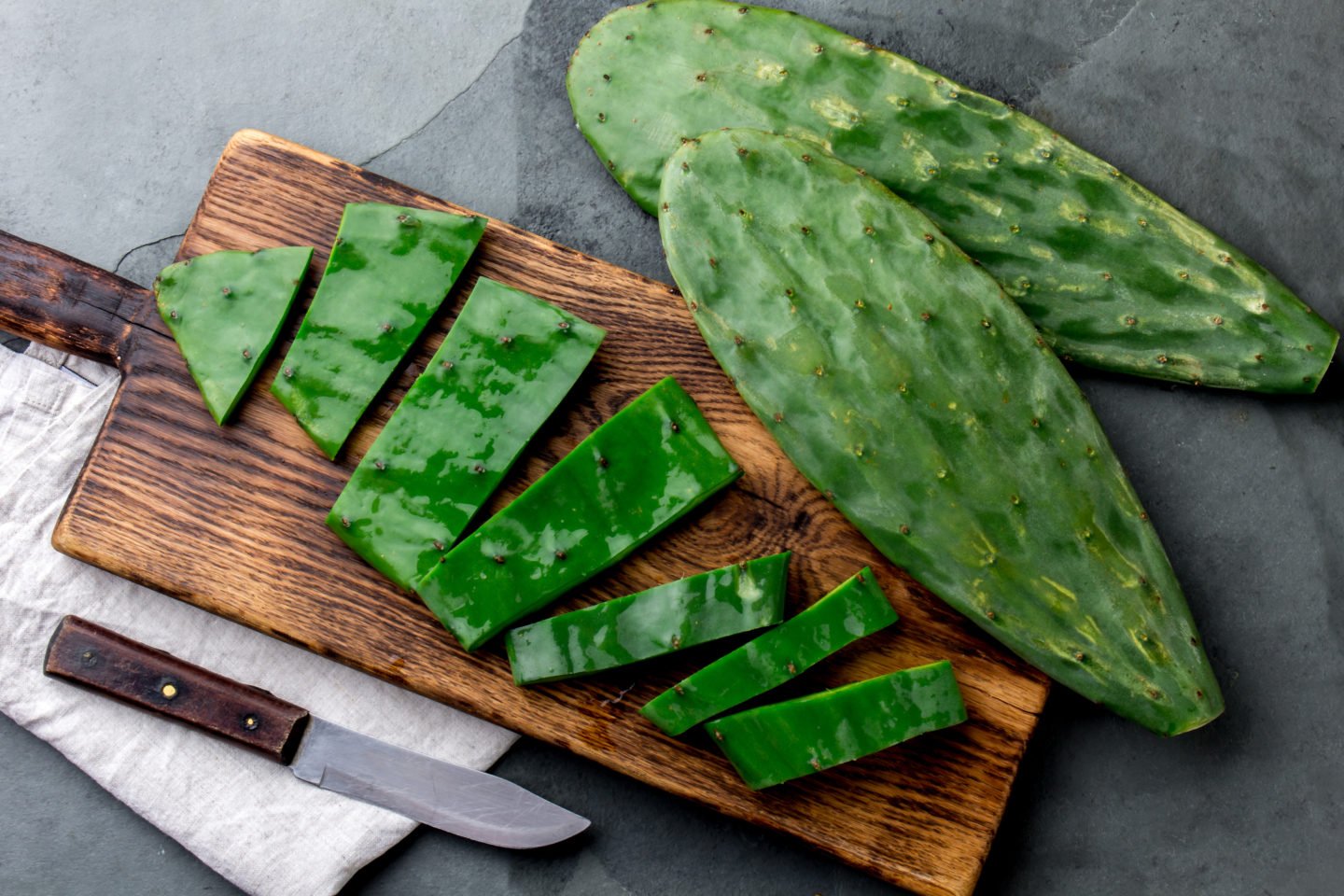 sliced nopales on cutting board