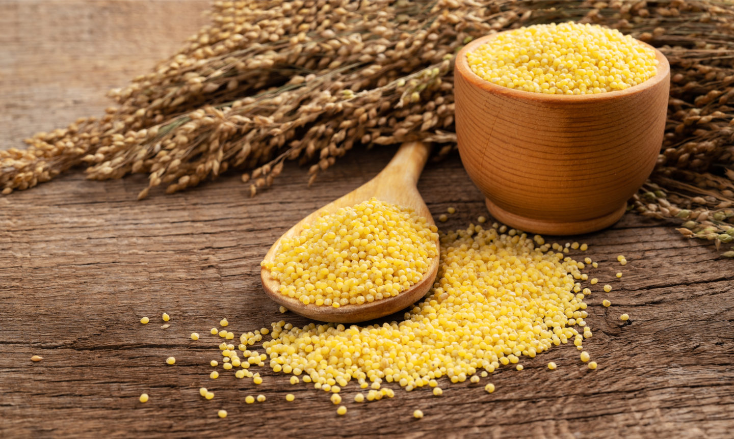 uncooked millet on wooden surface spoon and bowl