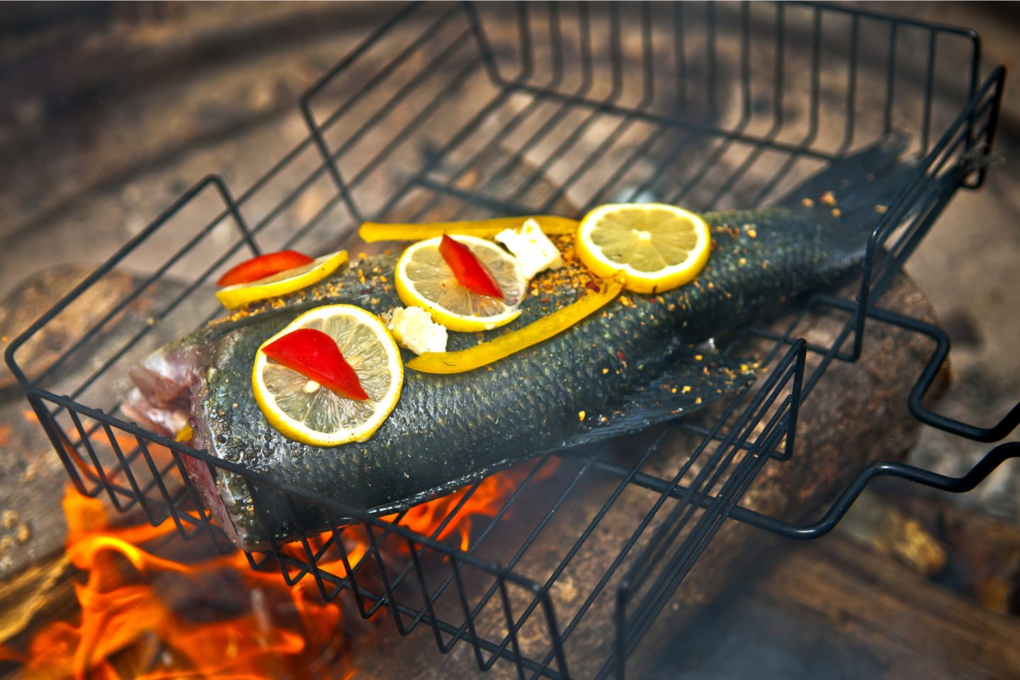 Roasting Bass Fish Over Camp Fire