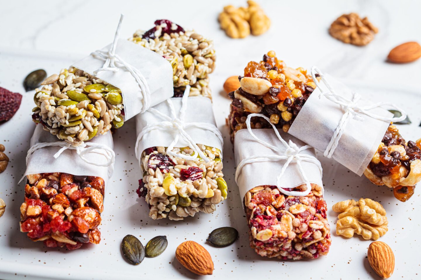granola bars with different seeds nuts fruits