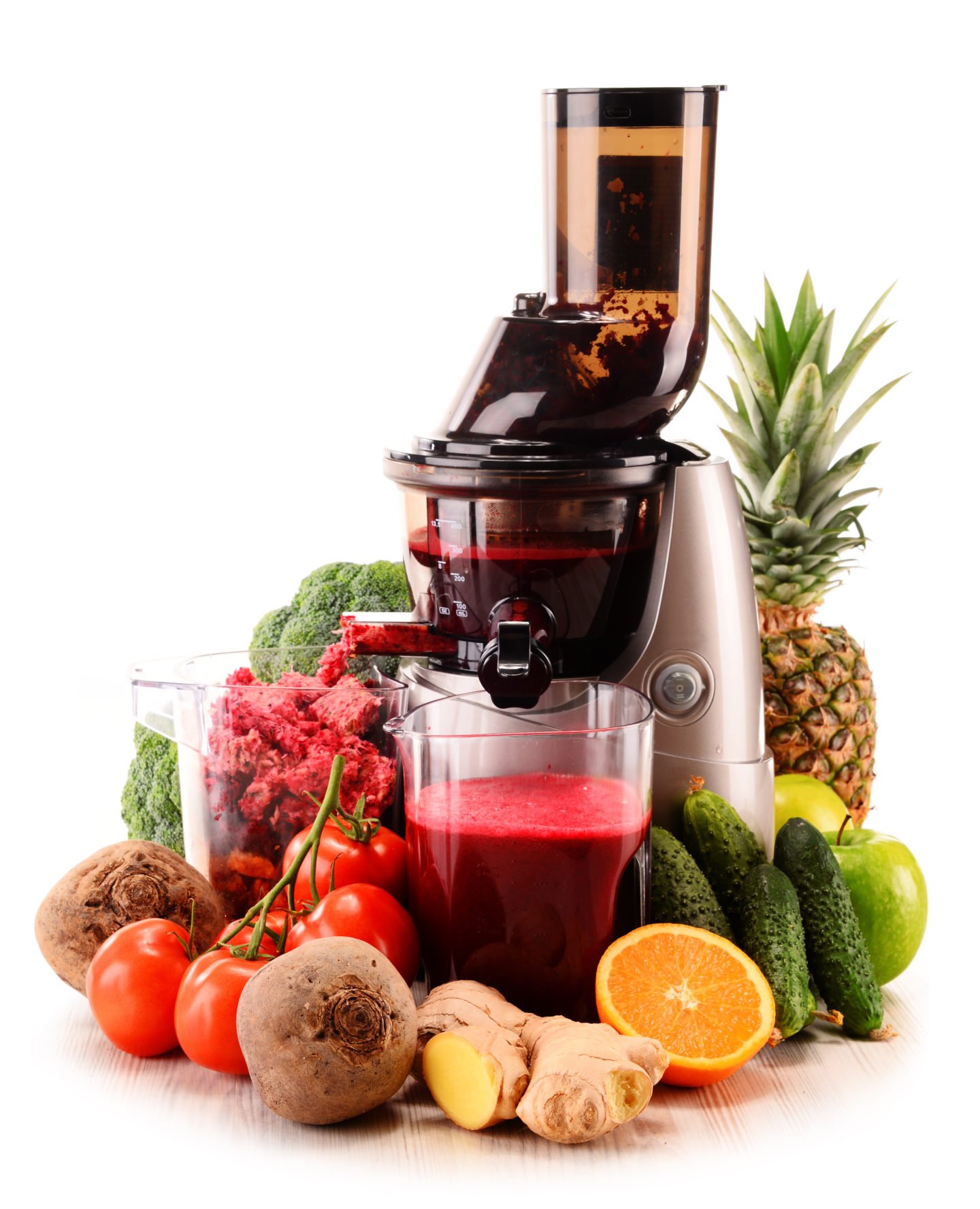 Slow,Juicer,With,Organic,Fruits,And,Vegetables,Isolated,On,White.