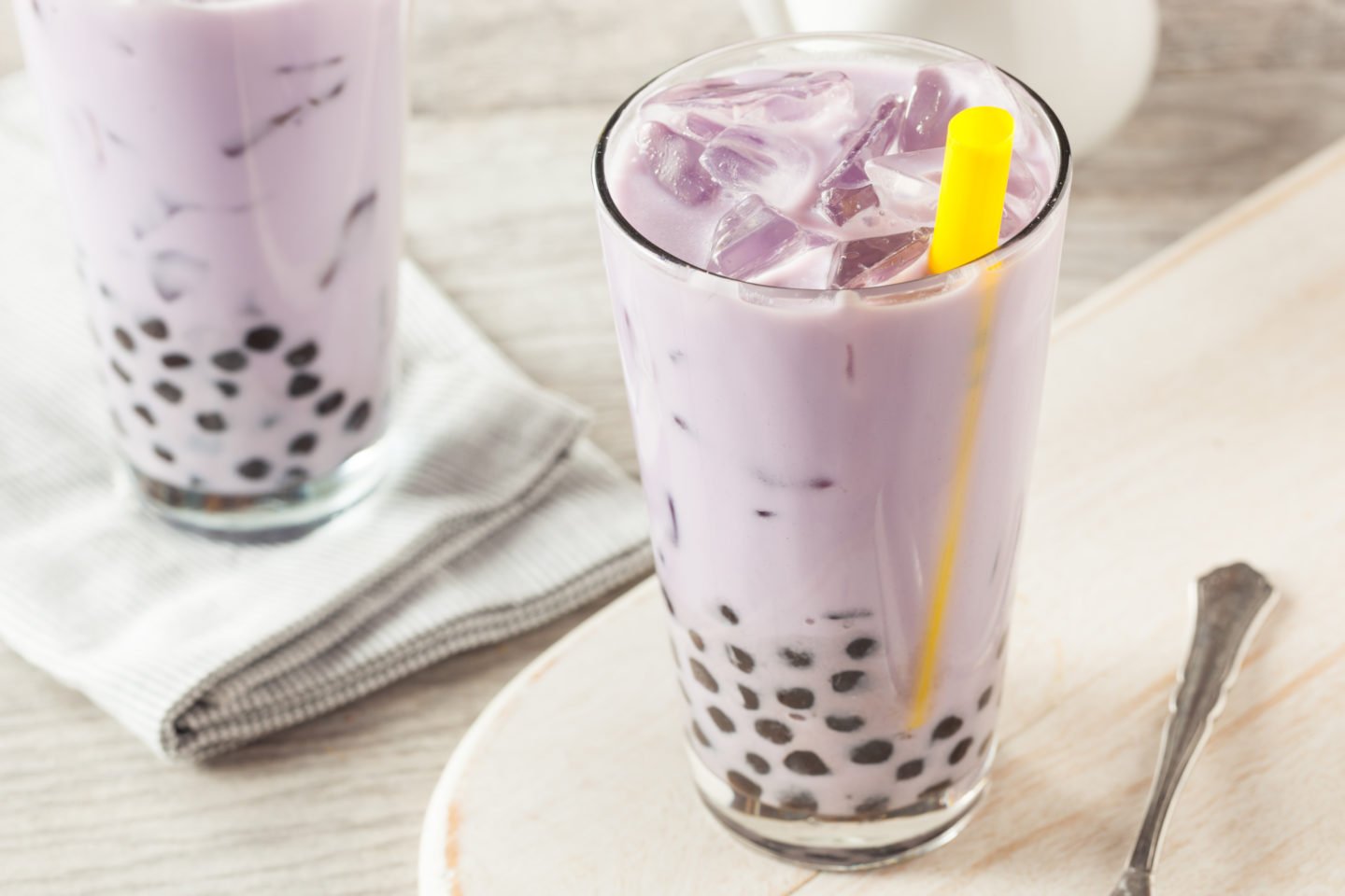 Taro Boba Tea In Glass With Straw