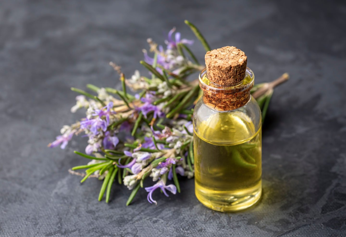 rosemary flowers and a bottle of essential rosemary oil