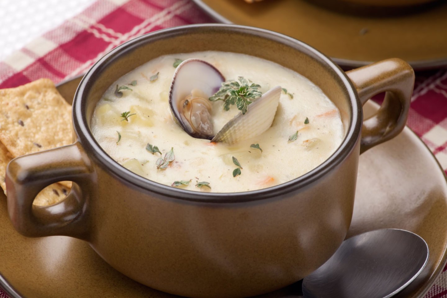 delicious clam chowder in a large soup mug