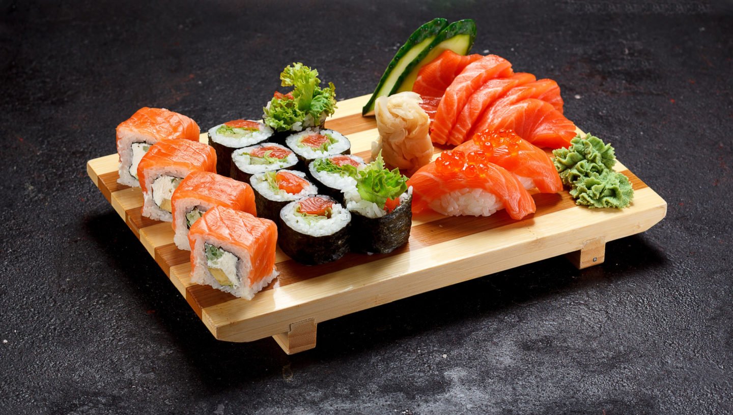 sushi on a wooden tray