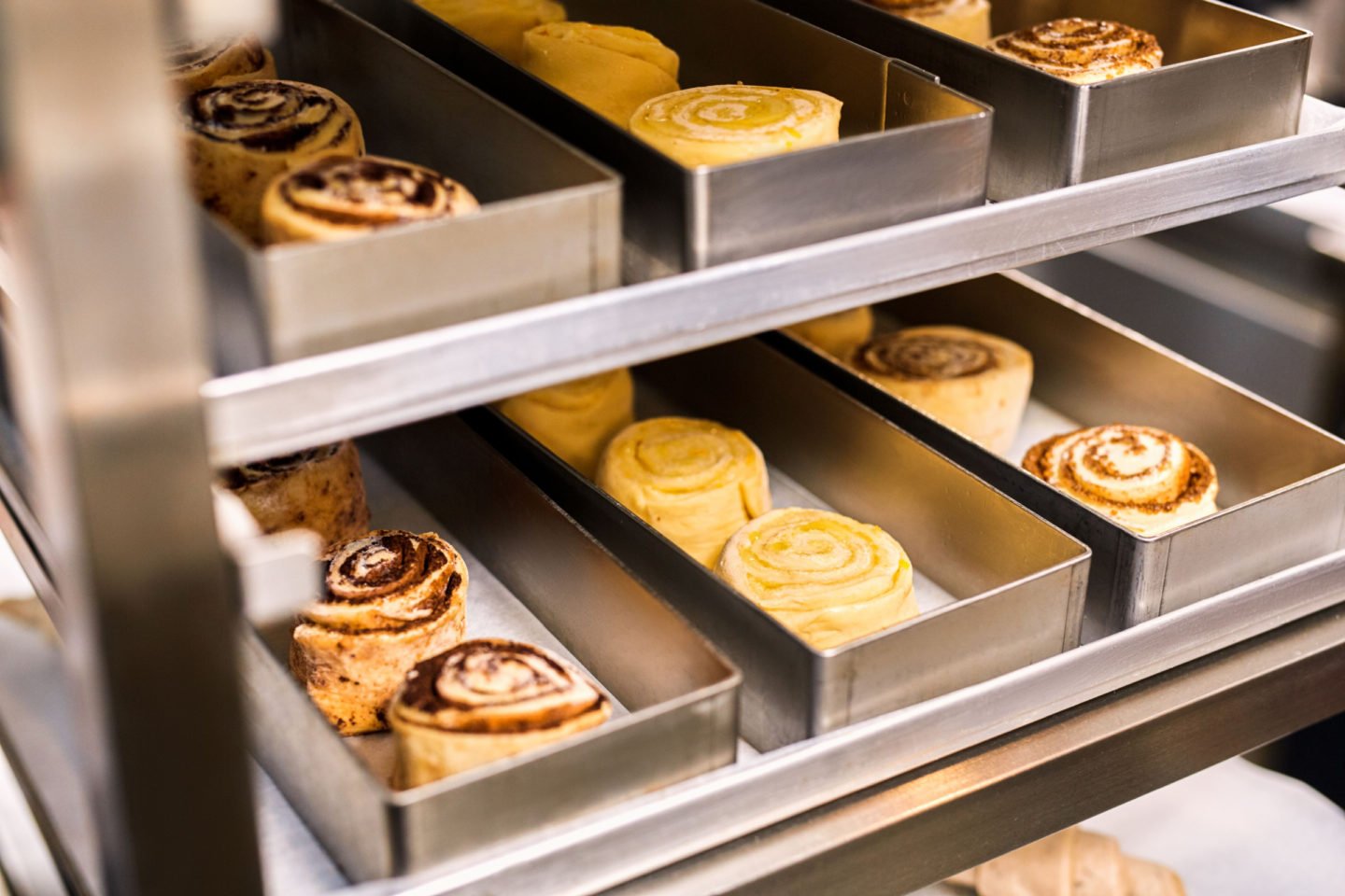 cinnamon rolls in assorted flavors at a bakery