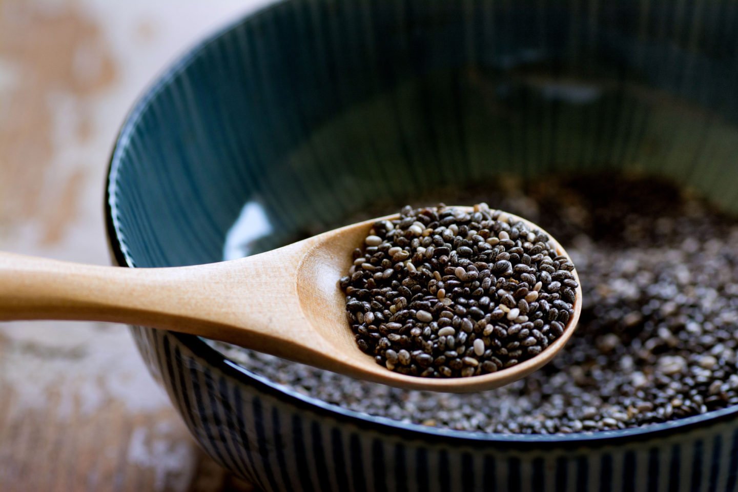 chia seeds in a bowl and wooden spoon