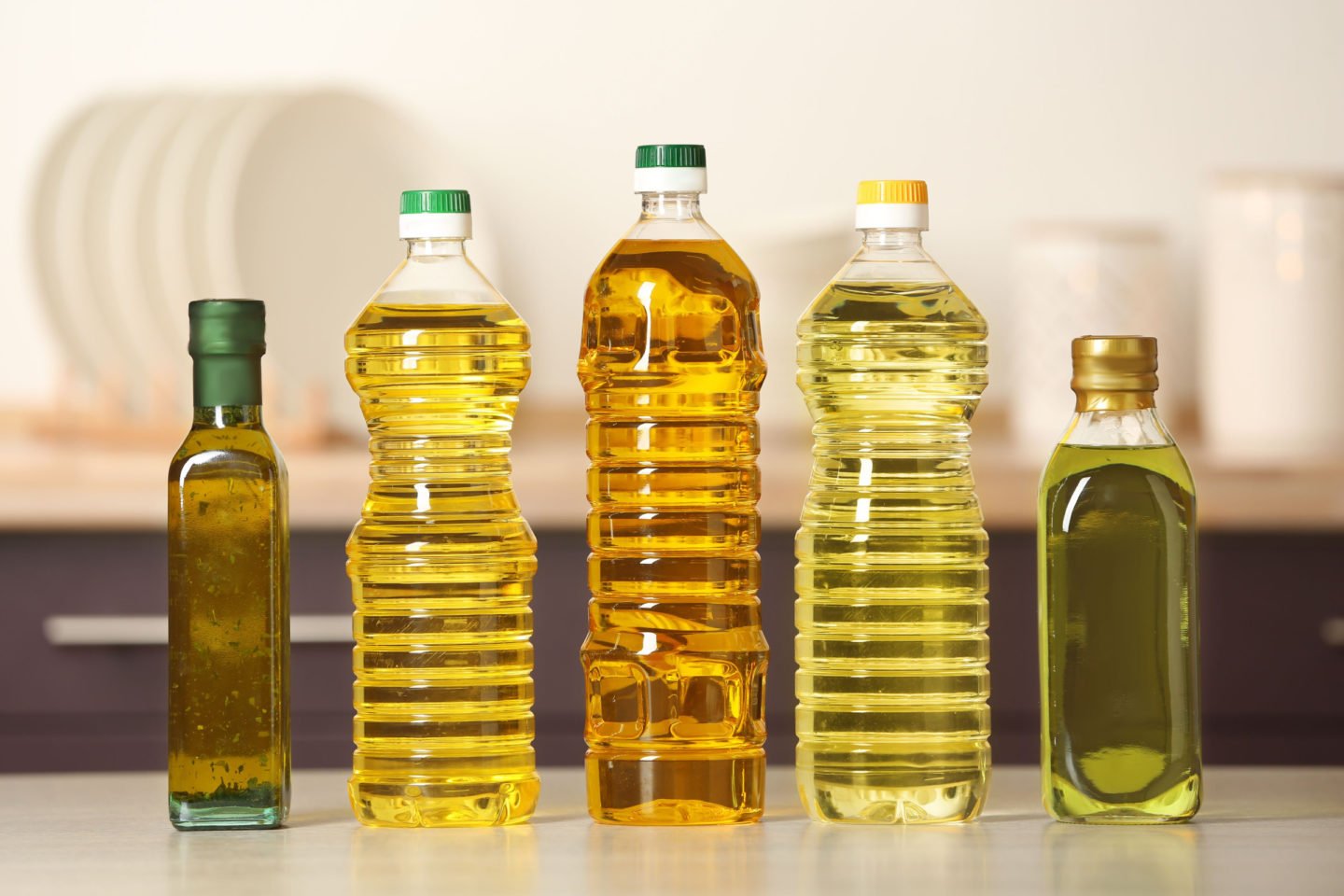 different vegetable oil bottles