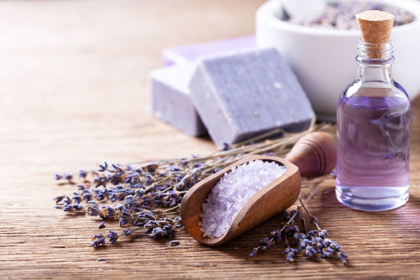 lavender scented soap, bath salts and essential oil