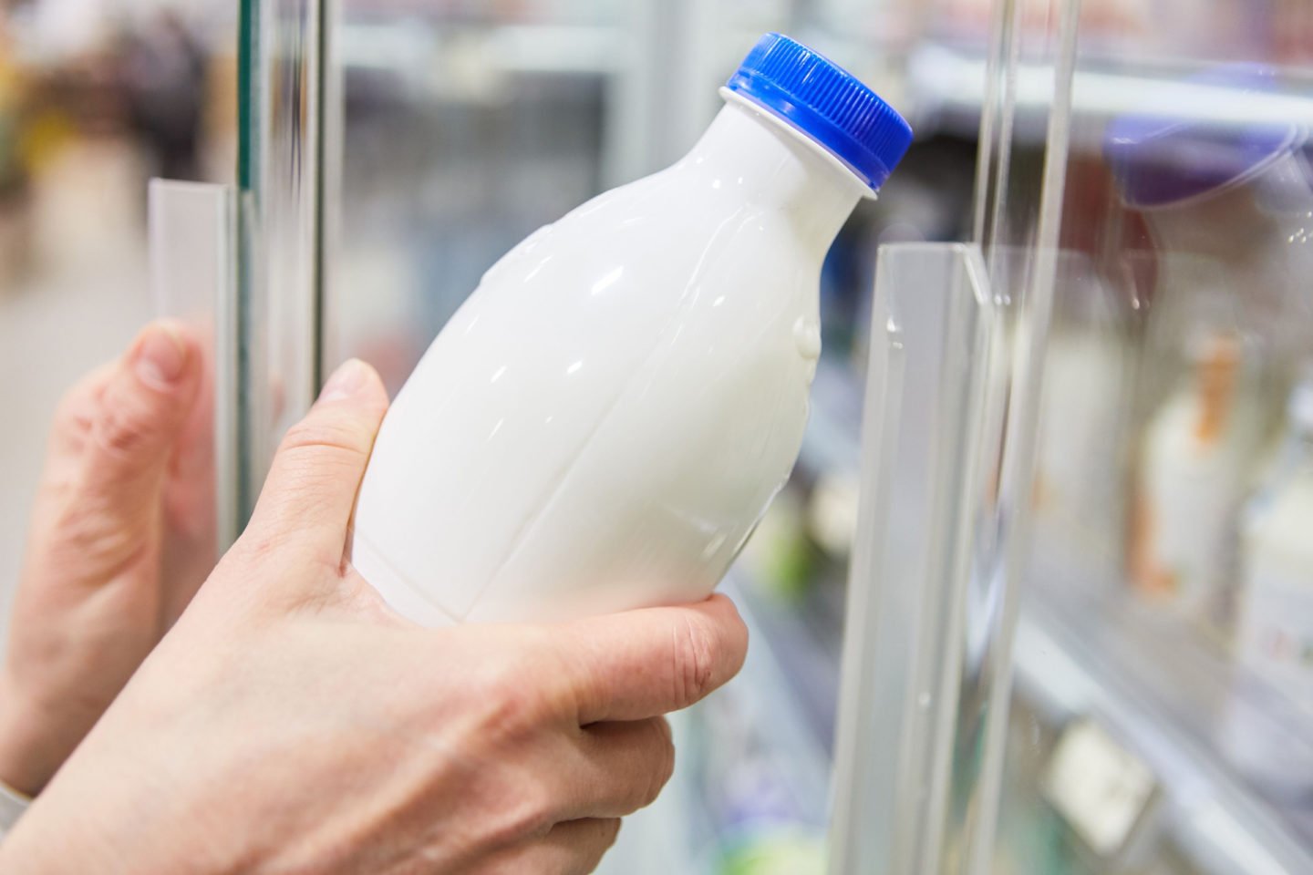 refrigerated vegan milk in supermarket