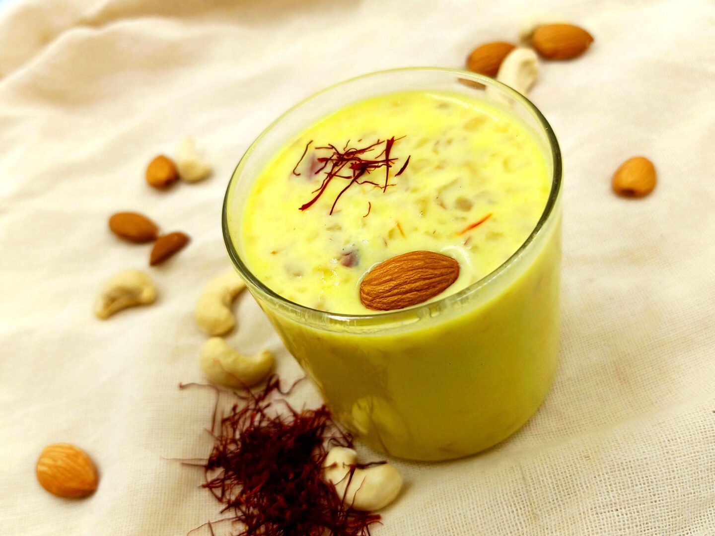 saffron milk with almonds and cashew nuts