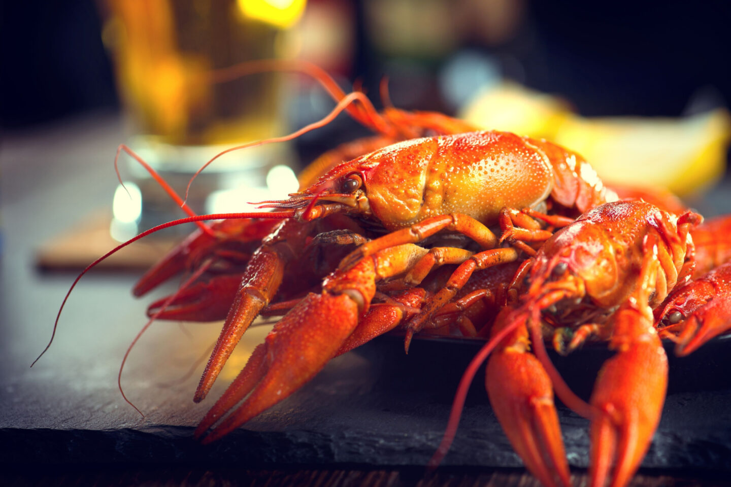 cooked crawfish served with beer