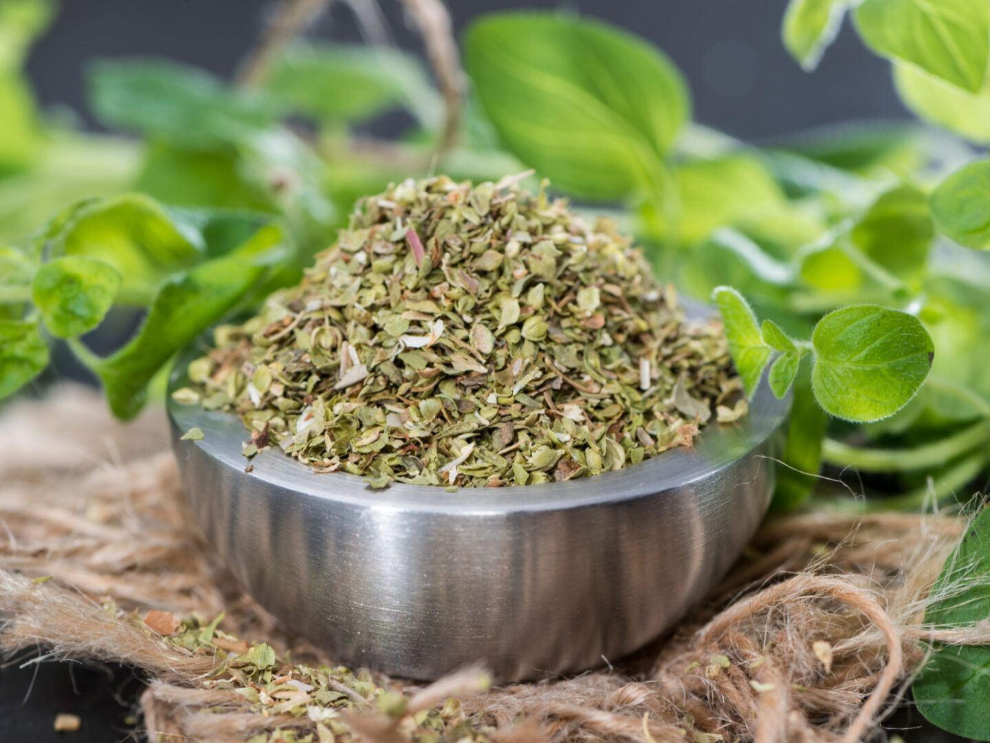 dried marjoram and fresh leaves