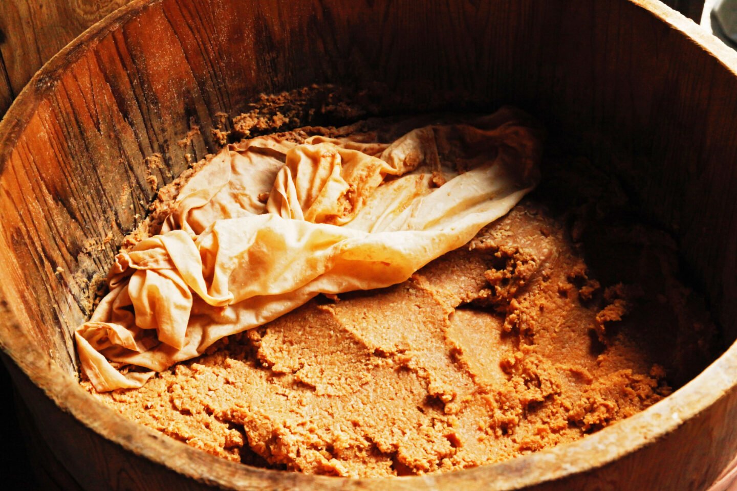 miso paste stored in a barrel