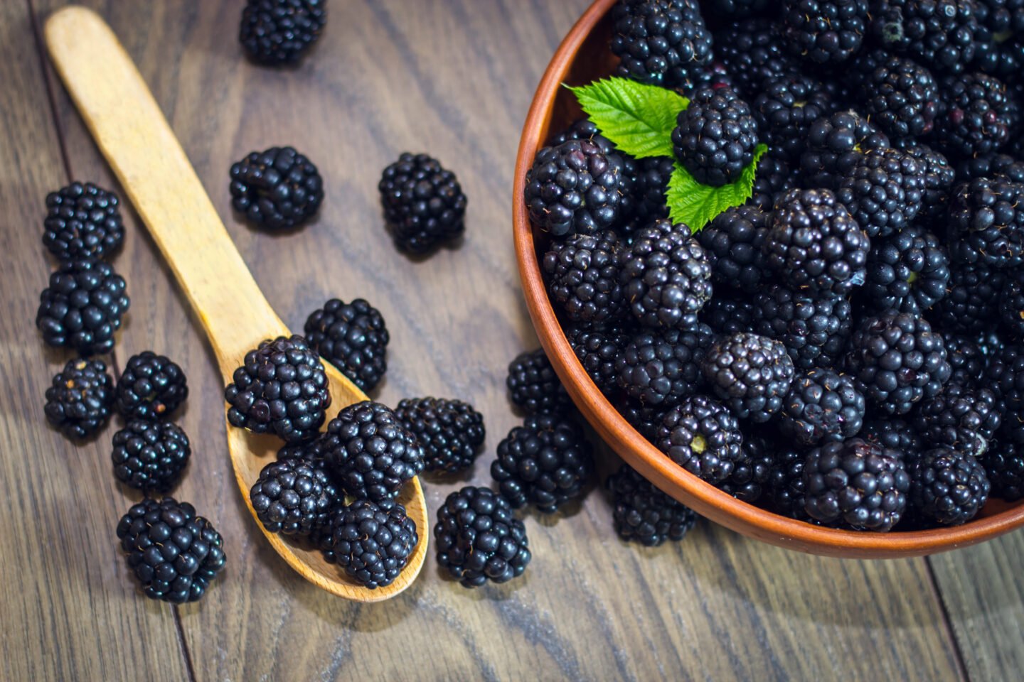 Ripe,Blackberries,With,Leaves,In,A,Clay,Bowl,On,A