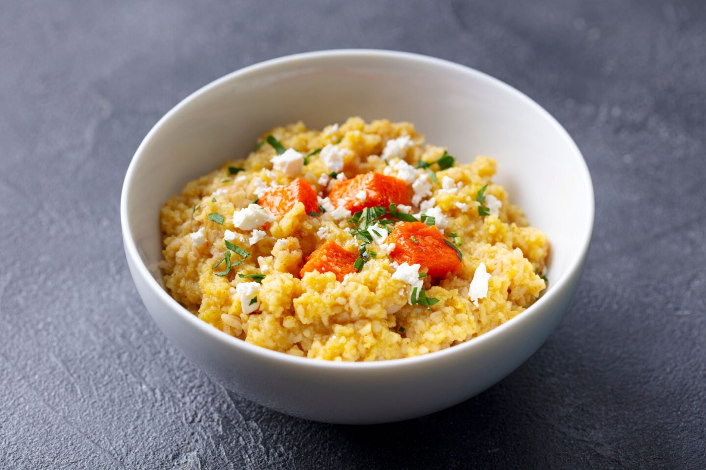 spelt porridge with roasted pumpkin and cream cheese