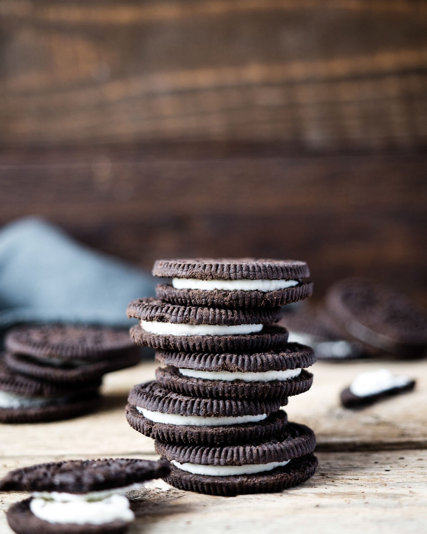 stack of oreos on wooden table