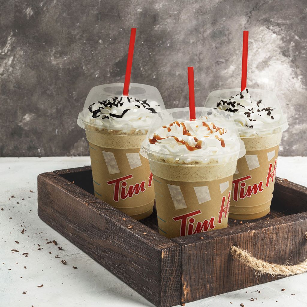 tim hortons iced mocha latte caramell iced capp on table