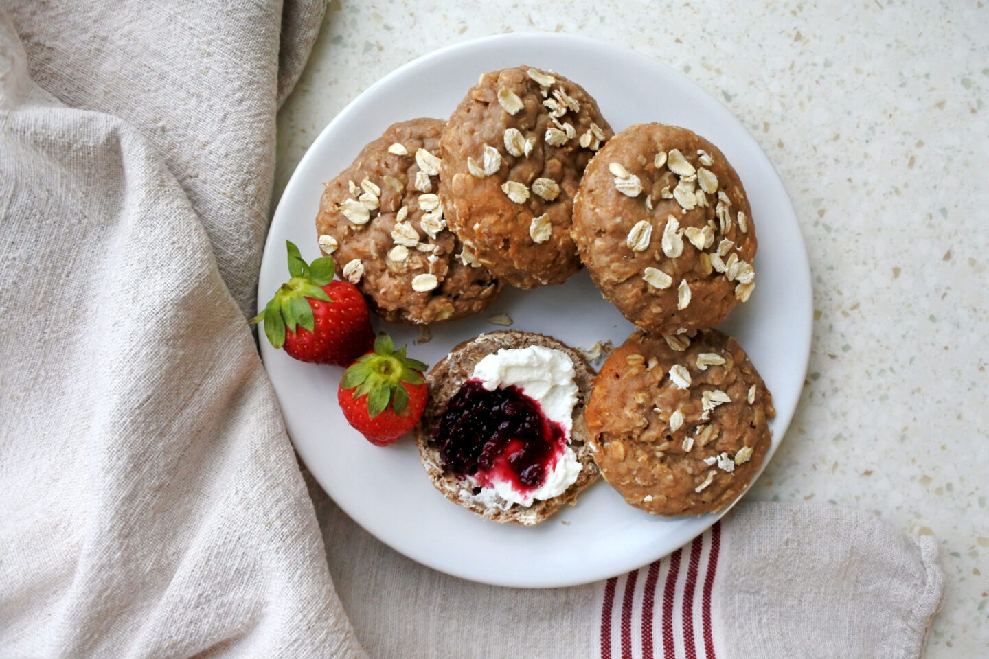 whole wheat honey and oatmeal scones with berry jam