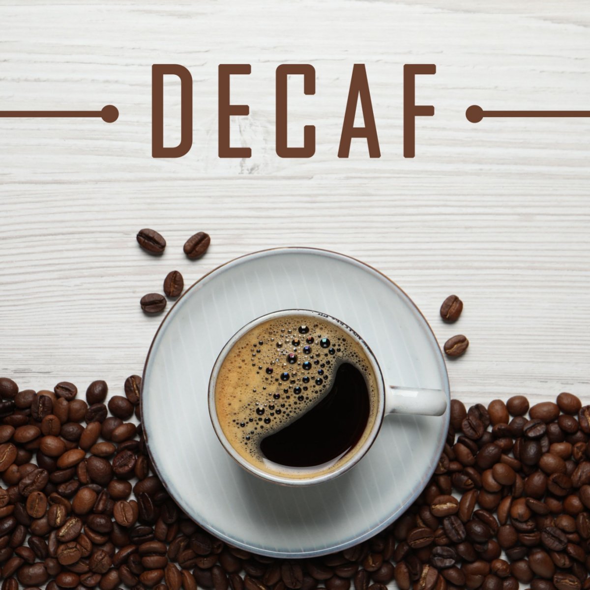 a cup of decaf coffee with coffee beans on wooden table resized
