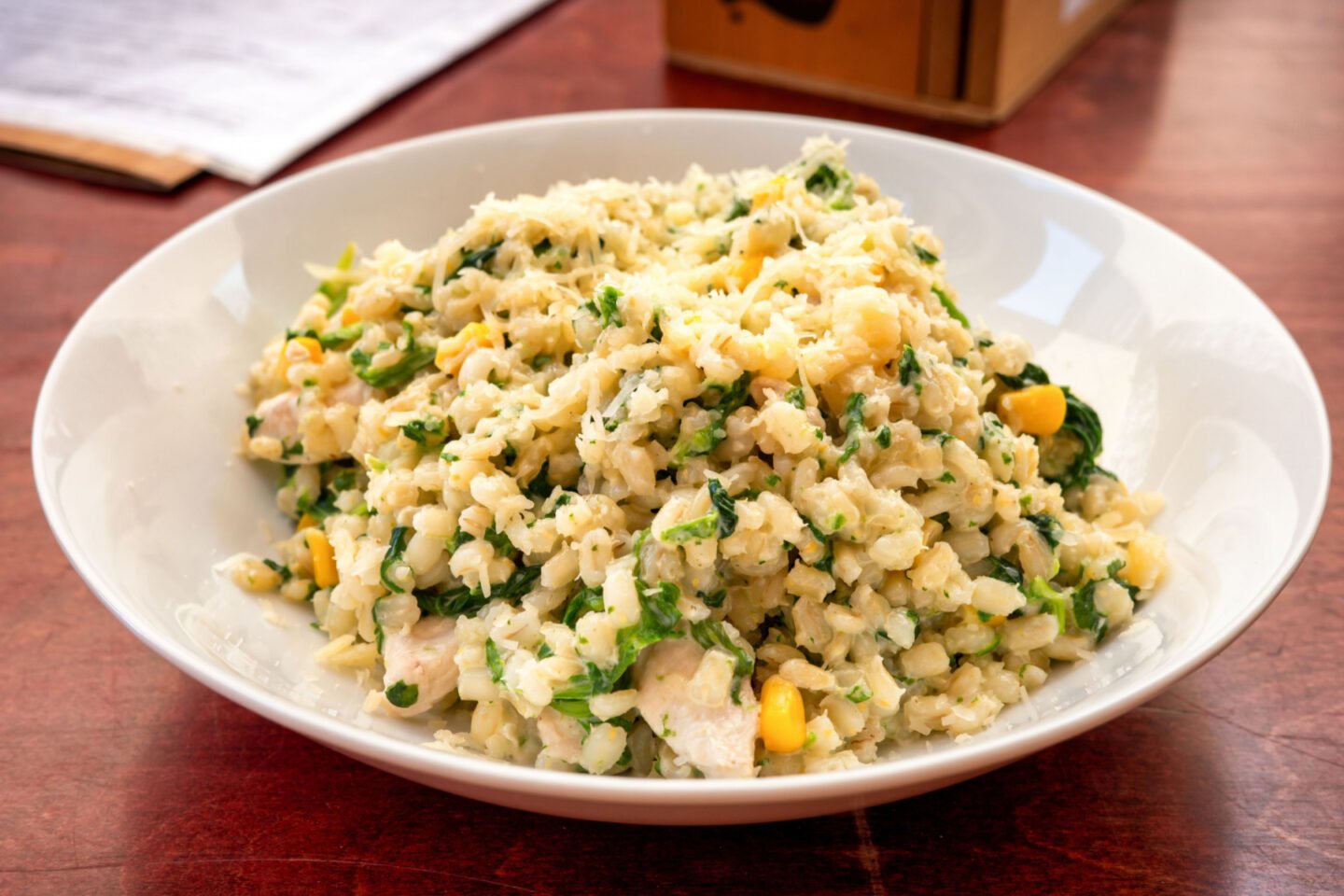 barley groats with chicken vegetables and cheese