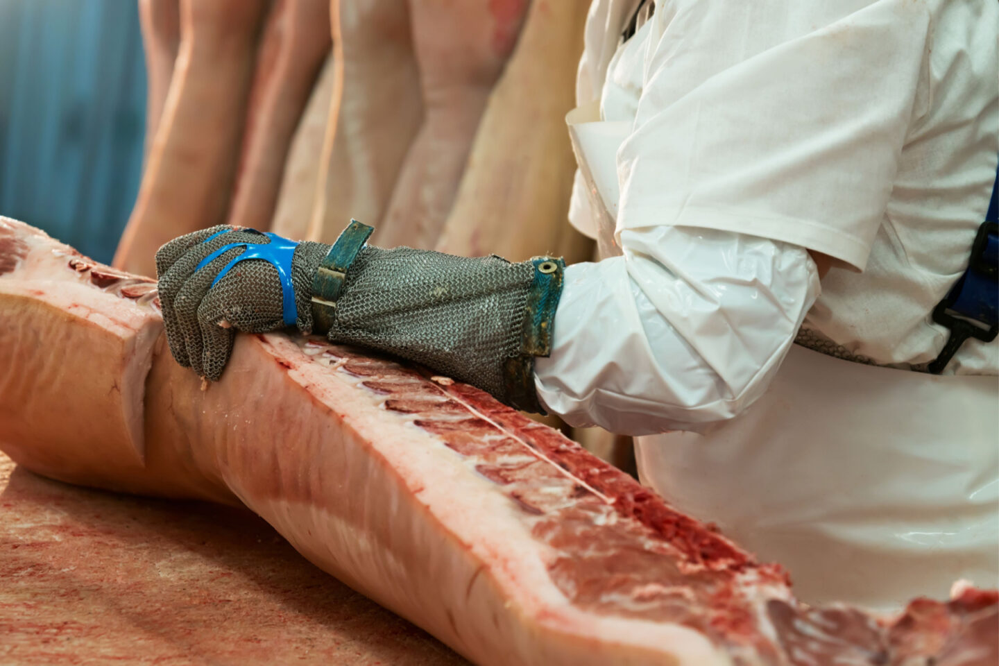 butcher slicing pork chops