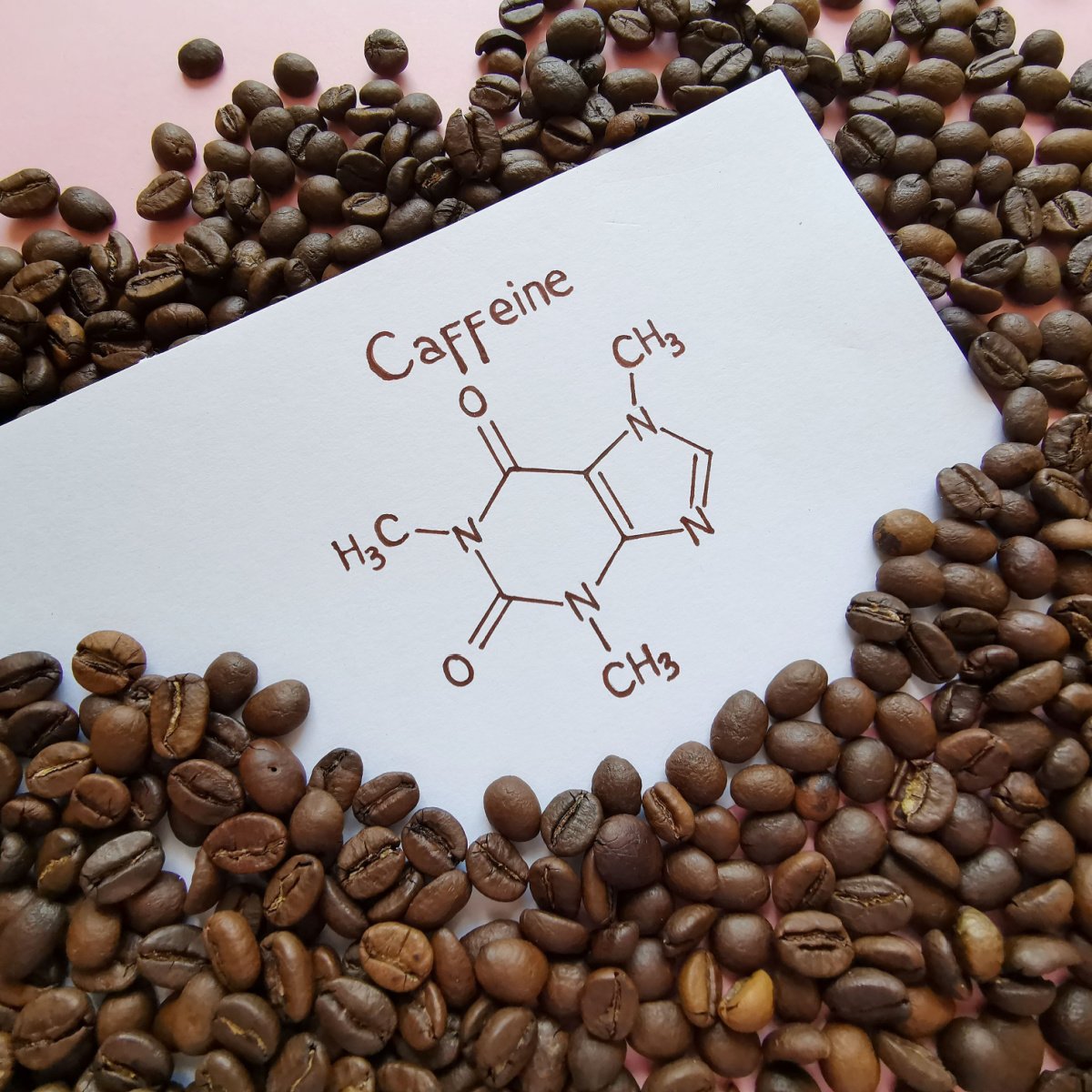 caffeine written on paper surrounded by coffee beans