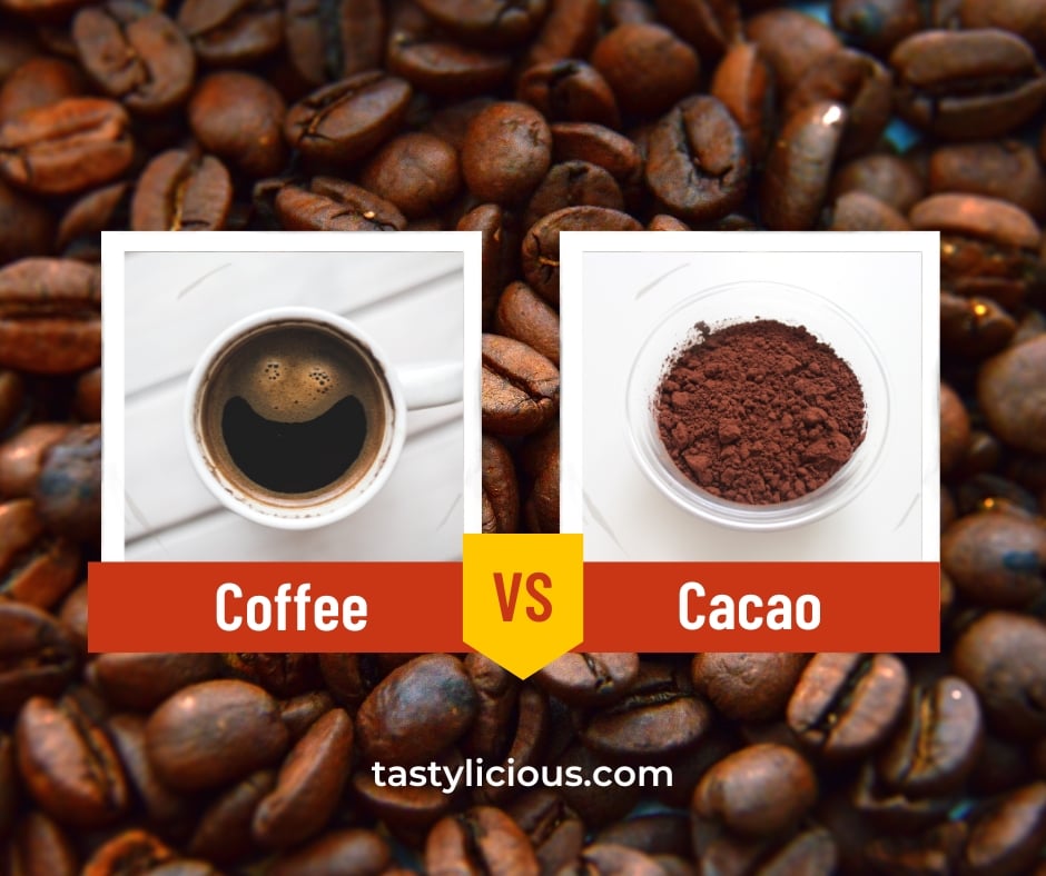 cup of coffee vs cacao powder in bowl side by side comparison